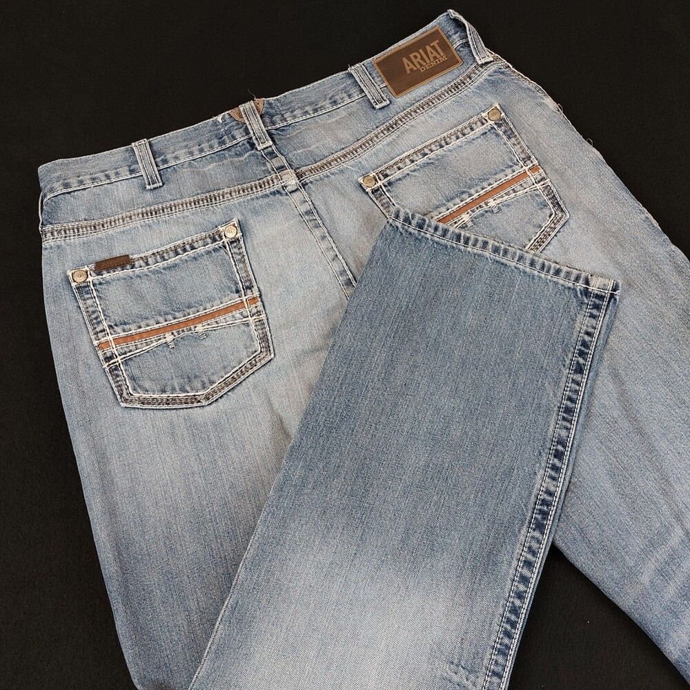 Ariat M4 Coltrane Relaxed Boot Cut Jeans 36x30 (Fit 38x30.5) Blue Distressed